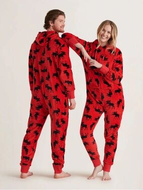 Red Moose-Print Fleece Hooded Pajama Onesie US 14 Or Woman’s small